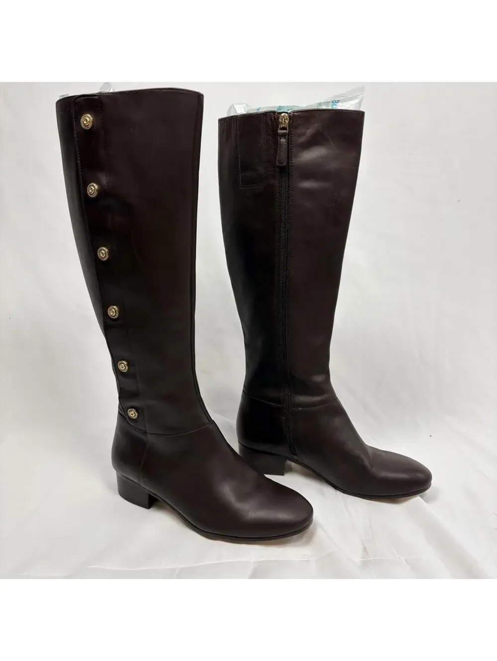 Nine West Oreyan Genuine Leather Knee High Brown Boots Gold Button Details 6.5